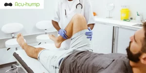 A man suffering from pain in the piriformis muscle, a doctor is examining his right leg, looking at the flexibility of the buttock muscles