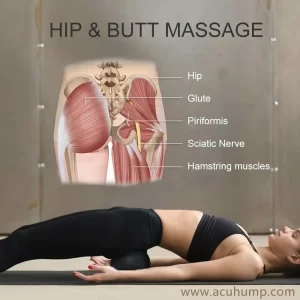 A female supine on the floor, with Acu-hump massage tool under her buttocks, it deeply presses buttock muscles to relieve tight muscles