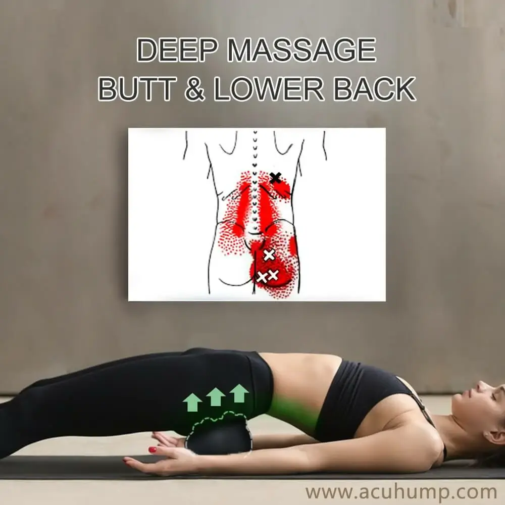 A female supine on the floor, with Acu-hump massage tool under her buttocks, it deeply presses buttock muscles to relieve tight muscles