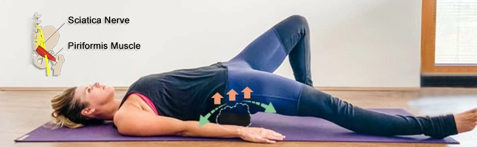 A woman lies on her back on a yoga mat with an Acu-hump placed under her buttocks to self-massage her piriformis muscle to relieve pain