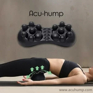 A female supine on the floor, with Acu-hump massage tool under her buttocks, it deeply presses buttock muscles to relieve tight muscles