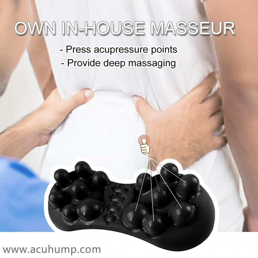 The therapist presses the lower back of the patient with both hands, Acu-hump is like your family therapist doing acupressure massage for you