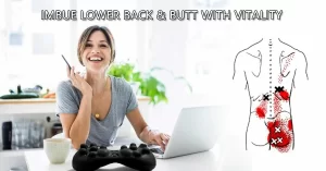 A woman is sitting at a desk with an Acu-hump sciatica massage tool on it, she can use Acu-hump to work easily and happily without suffering pain from lower back and butt