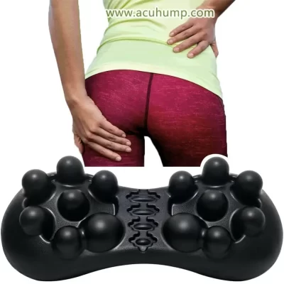 Back view of a woman suffering from sciatica with her right hand on her waist and her left hand on her left butt cheek, Acu-hump can helps that