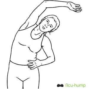 A woman stands with one hand on her hips and one hand over her head, bending over to the left in a ql muscles stretch
